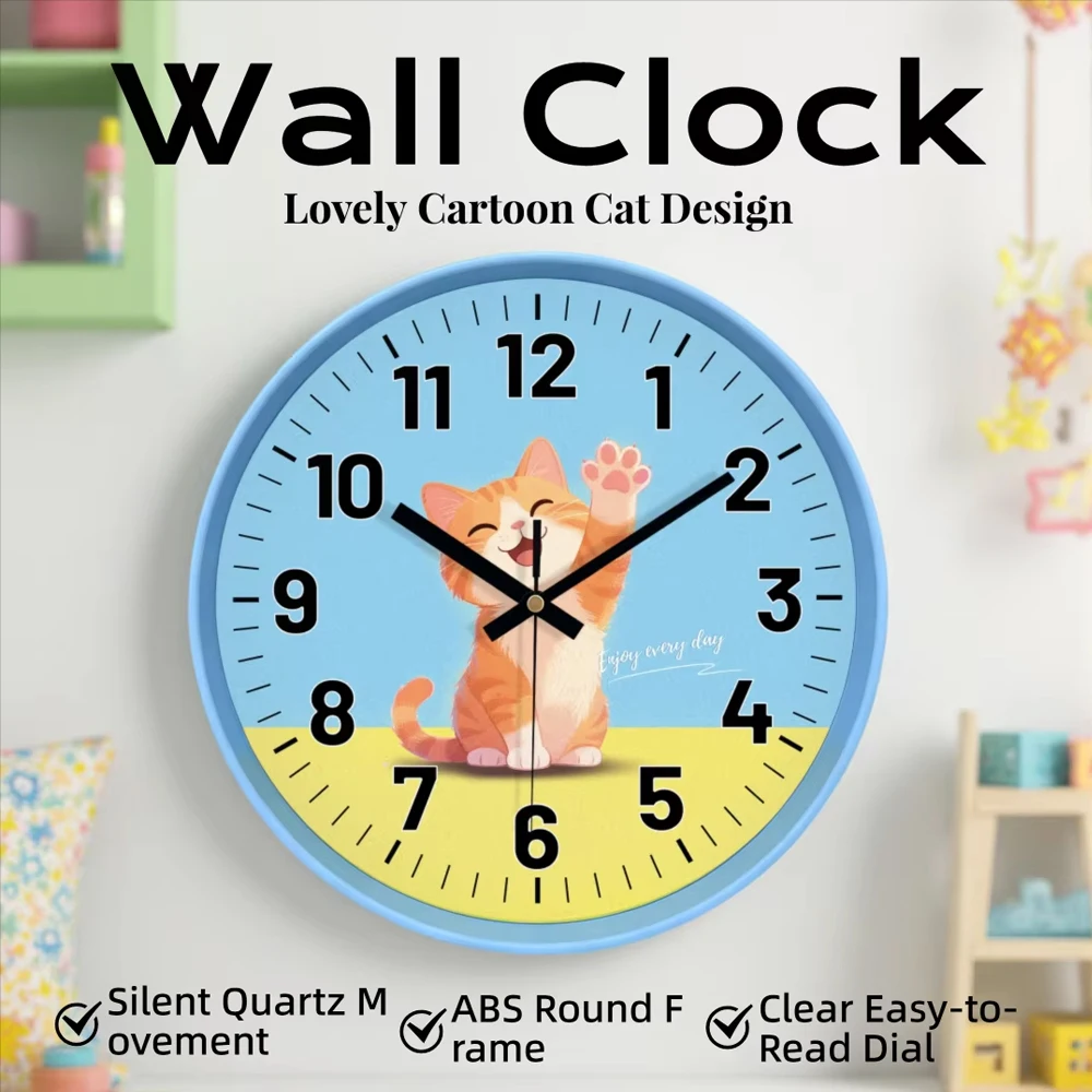 Cartoon Cat Wall Clock Silent Quartz Round Hanging Watch Kids Time‑Teaching Clock for Bedroom Nursery Playroom Interior Decor