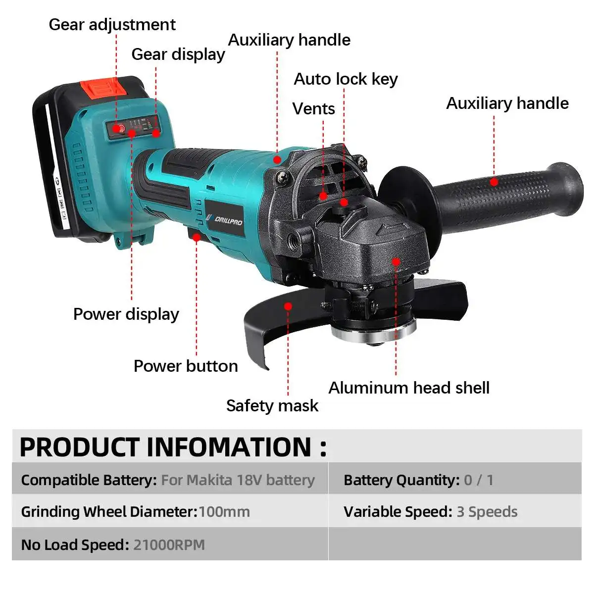 Drillpro 100MM Brushless Angle Grinder 21000RMP Cordless Polishing Cutting Machine Woodworking Power Tool for Makita 18V Battery