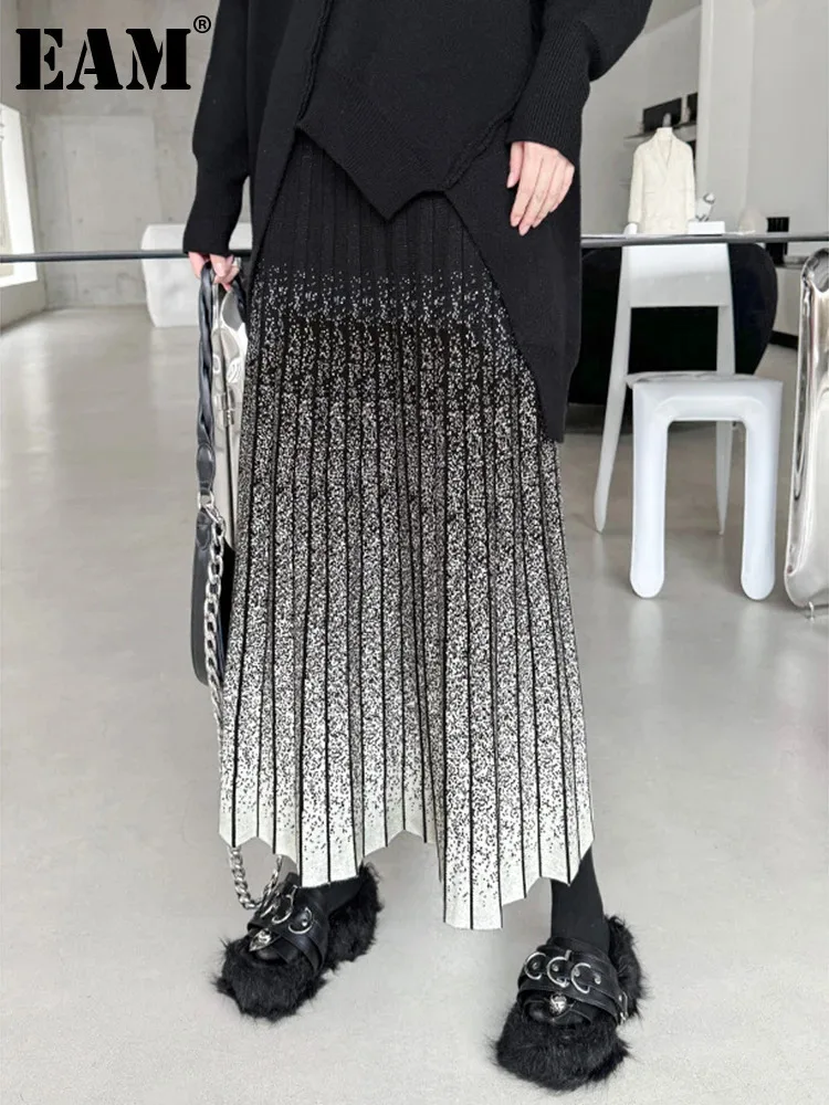 [EAM] High Elastic Waist Gradient Knitting A-line Pleated Ankle Length Skirt Women Fashion Tide New Spring Autumn 2025 1DH3689