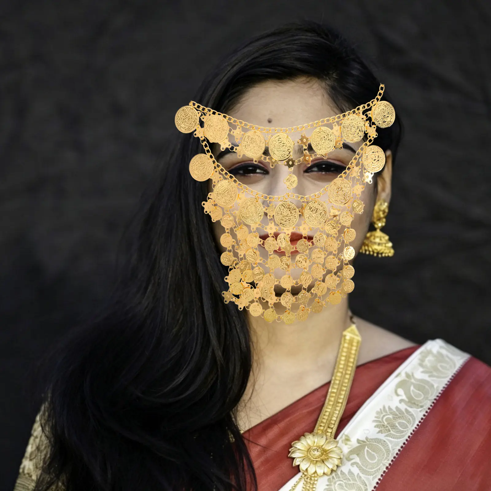 Egyptian Belly Dance Jewelry Metal Golden Coin Tassel Face Veil Tribal Arabian Costume Accessories Halloween Masquerade Stage