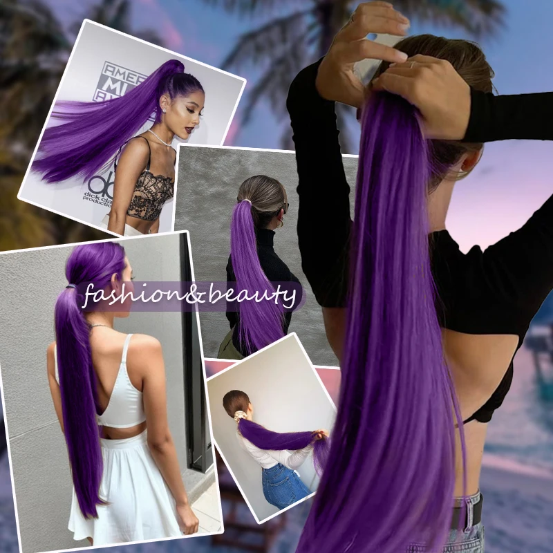 32インチ超ロングパープルヘアポニーテールエクステンションウィッグドローストリングスタイルストレートヘアポニーテール女性用クリスマスパーティー用