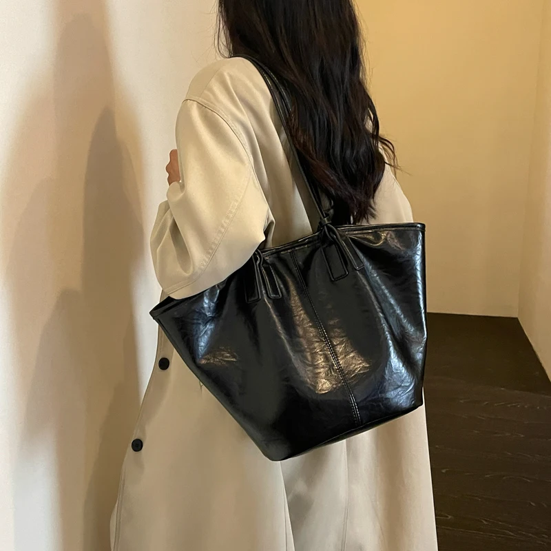 Overs ize Shopper Bag einfach lässig große Kapazität Tote Frauen Handtaschen Designer Tasche Luxus weiche Leder Umhängetasche schwarz Bolsos – Detail 26