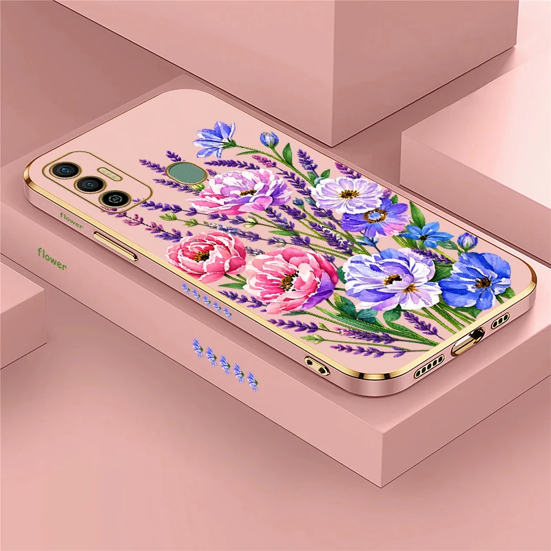 Funda de teléfono con diseño de flores rosas y moradas para Tecno Spark 20 Pro, 8C, 7 Pro, 7T, 6 Go, 1, 5Air. Funda de silicona suave con revestimiento protector contra golpes.