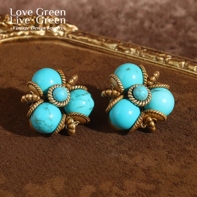 

Винтажные серьги с бирюзовым камнем, три предмета, шариковая нить-гвоздик, ювелирные изделия золотого цвета для женщин, тенденции 2025, высокое качество, юбилей