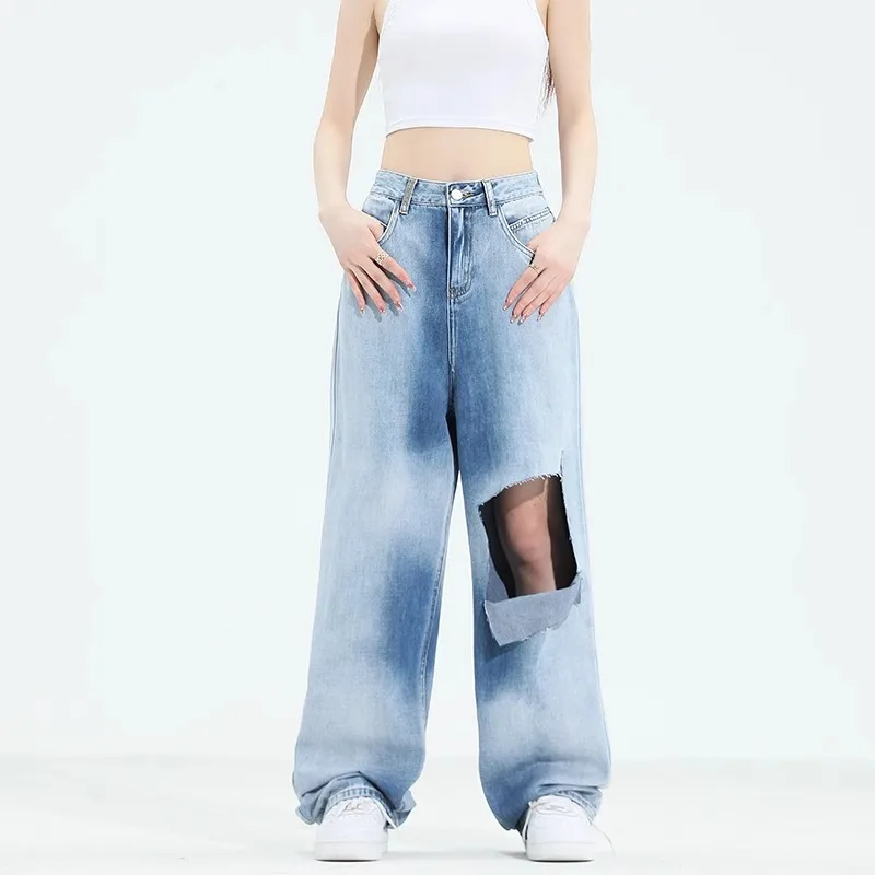 Ripped Jean Female 2024 Summer Fashion Versatile Short Tall Waist Straight Tube Loose Gradual Change Wide Leg 2000s Denim Female