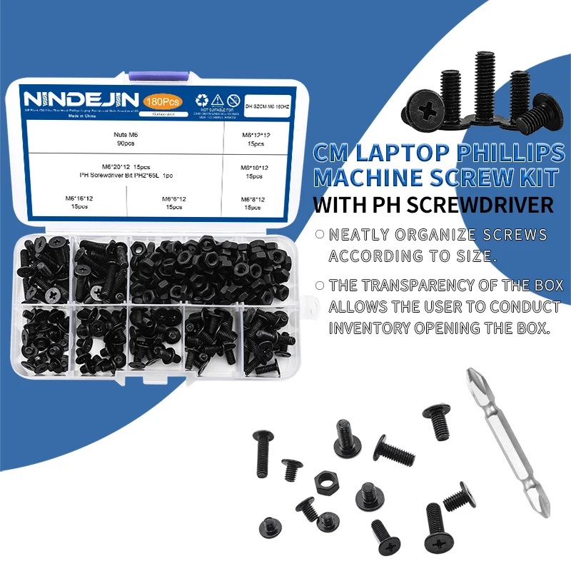 NINDEJIN M2-M6 Thin Flat Head Laptop Screw Set Black Carbon Steel Ultra Thin Wafer Head Phillips Machine Screw Nut Assortment