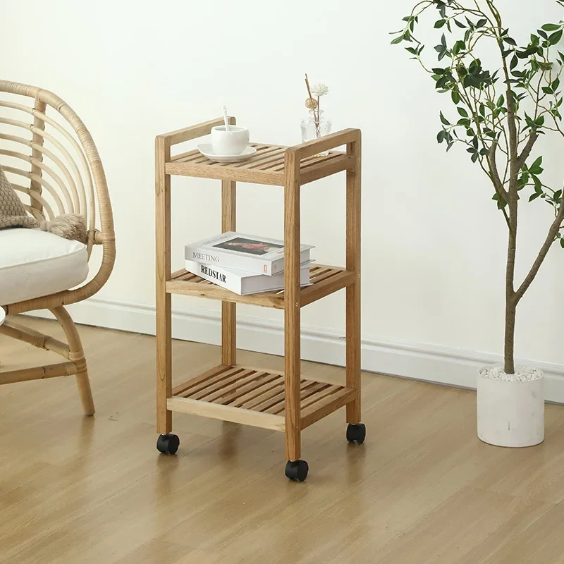 Mobile bookshelf, solid wood wheeled small cart storage rack, floor standing small storage rack, living room multi-layer