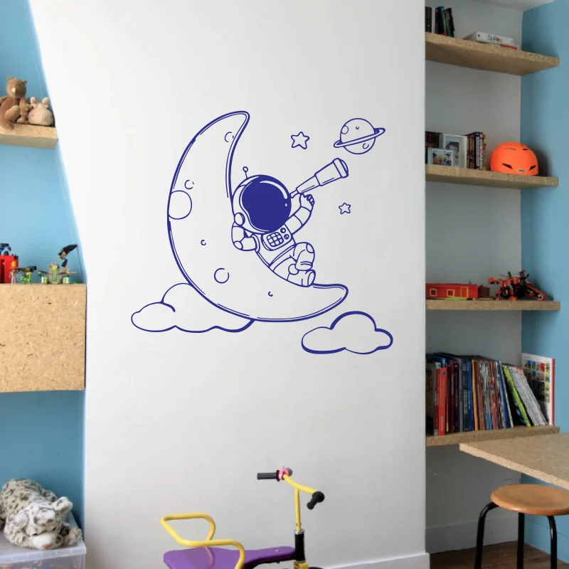 Cartoon Astronaut on The Moon Wall Decal Baby Kids Room Astronomy Outer Space Sky Star Wall Sticker Playroom Vinyl Decor #118