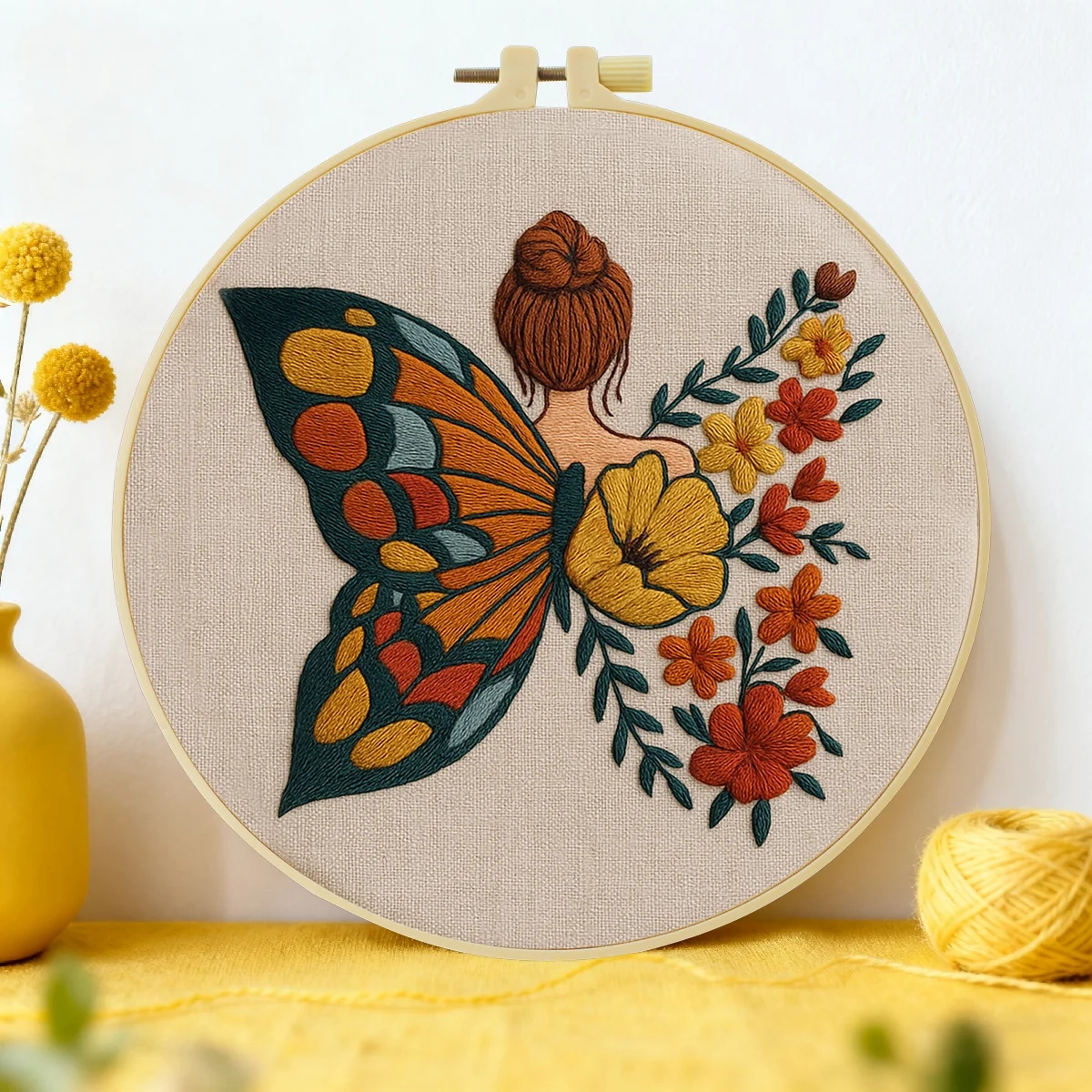 1 Stück 20X20CM/15X15CM 7,87/6,3 Zoll Ein Frauen mit Schmetterlingsflügeln Stickerei-Starter-Kit DIY-Kit DIY-Stickerei-Set Handarbeiten – Detail 1