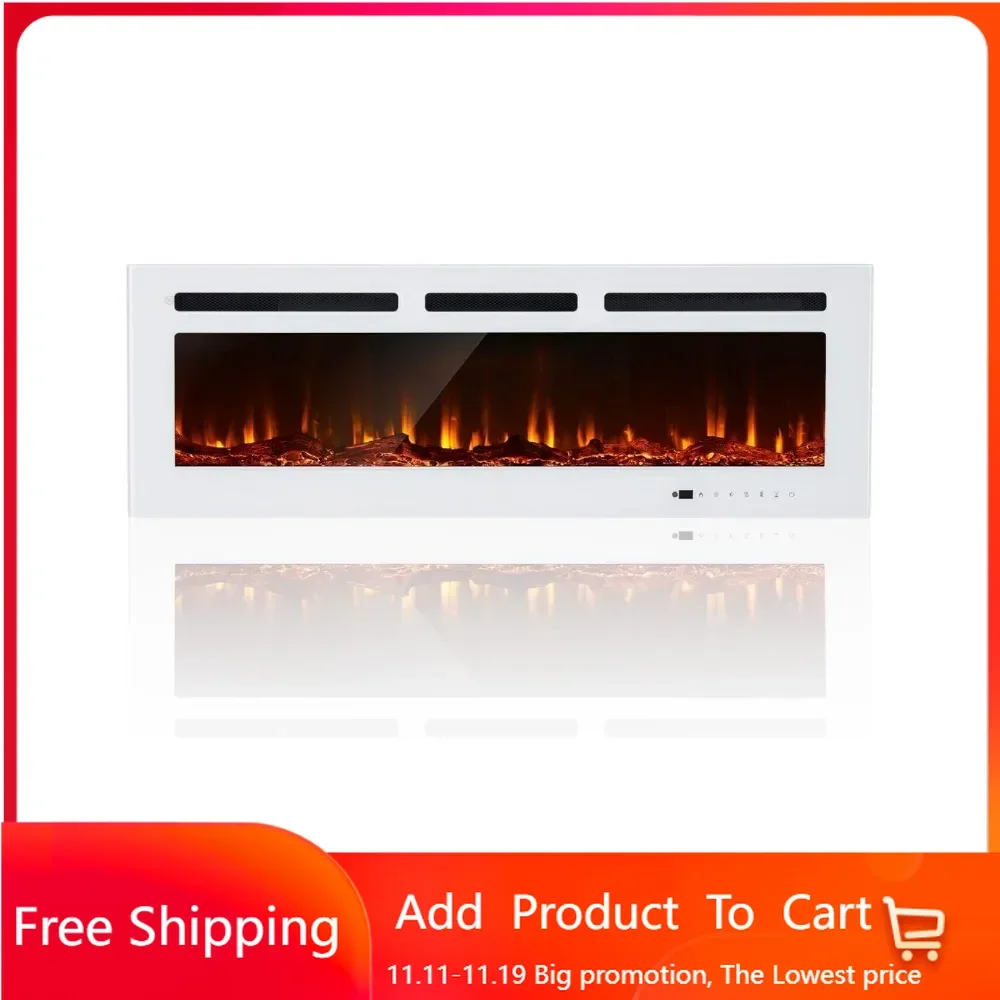 50 inch Wide Recessed/Wall Mounted Electric Fireplace, Remote Control with Timer 12 Adjustable Color Flame, White