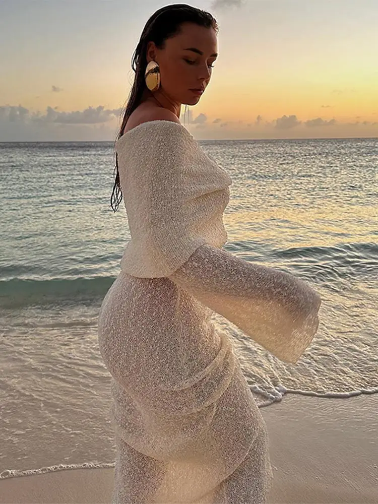 

Elegant Women Off Shoulder Long Dress Sexy Slash Neck Mesh See Through Long-sleeve Dresses Female Fashion Beach Festival Outfit