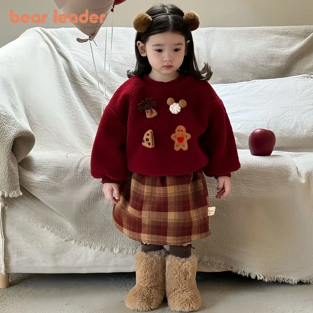 

Bear Leader, осенне-зимняя рождественская новогодняя одежда для девочек, красный топ с мультяшным принтом + клетчатая юбка, теплый комплект из двух предметов
