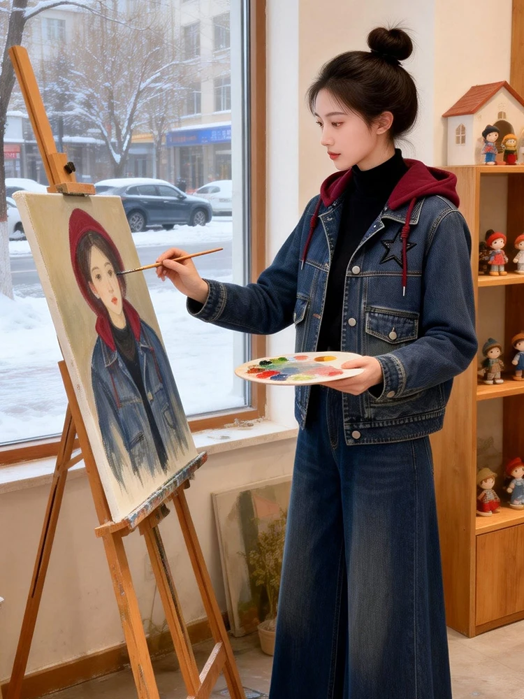 Slim Fit Denim Jaet Dames Faionable Kapmantel Veelzijdig Gewichtsverlies Jaet Long Sve Thiened Casual Bovenkleding