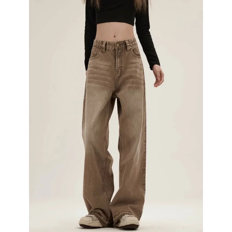 

Brown NEW Y2k Loose Women's jeans American High Street Worn out Wide Leg Pants TIKTOK Hip-hop Rock and Roll Style Baggy Trousers