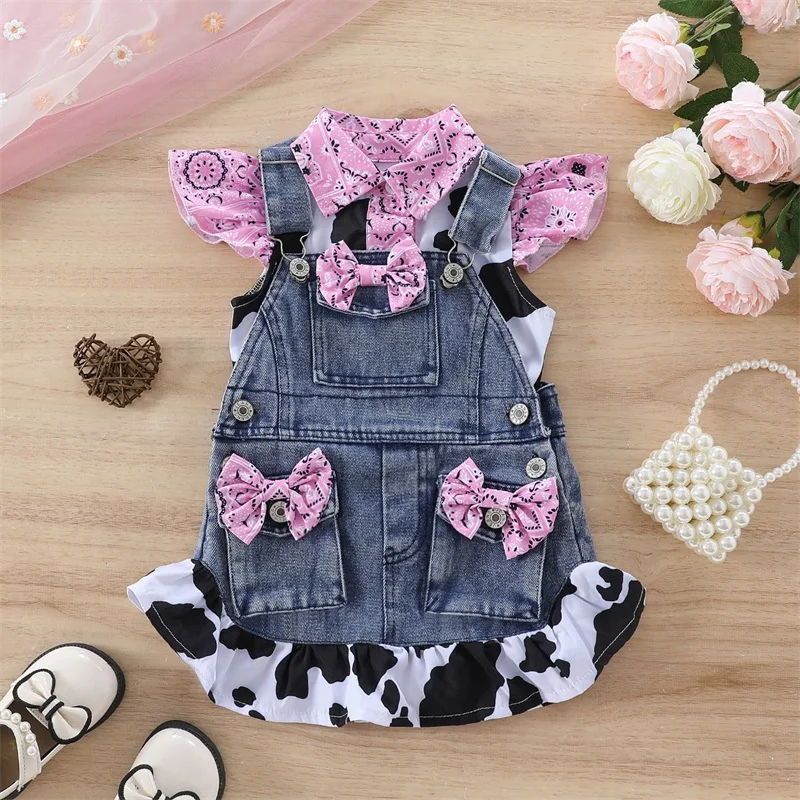 

Little Girl Summer Outfit Cow Print Flying Sleeve Lapel Button Tops with Ruffled Denim Overalls Skirt 2 Pcs Set