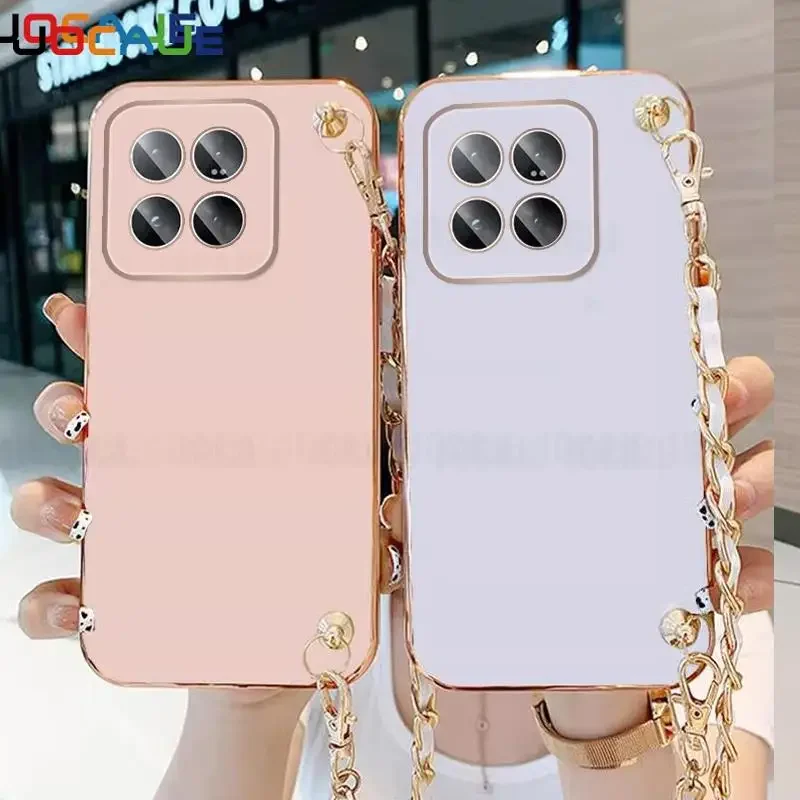 

For Xiaomi 14 Pro Leather Bracelet Strap Chain Crossbody Lanyard Case For Xiaomi 13T 13 Ultra 12T 12S Plating Silicone Cover