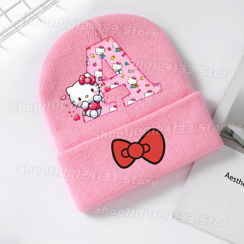 

Cute Hello Kitty Kids Knitted Hat Sanrio Letters A-Z Anime Print Girl Kawaii Beanie Headgear Outdoor Street Casual Warm Knit Cap