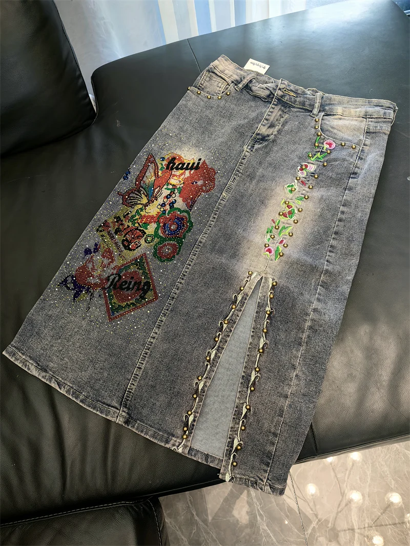 

High Waist Split Denim Skirt Women's Clothing 2025 Beaded Embroidery Midi A-Line Skirts For Female Spring Autumn Vintage