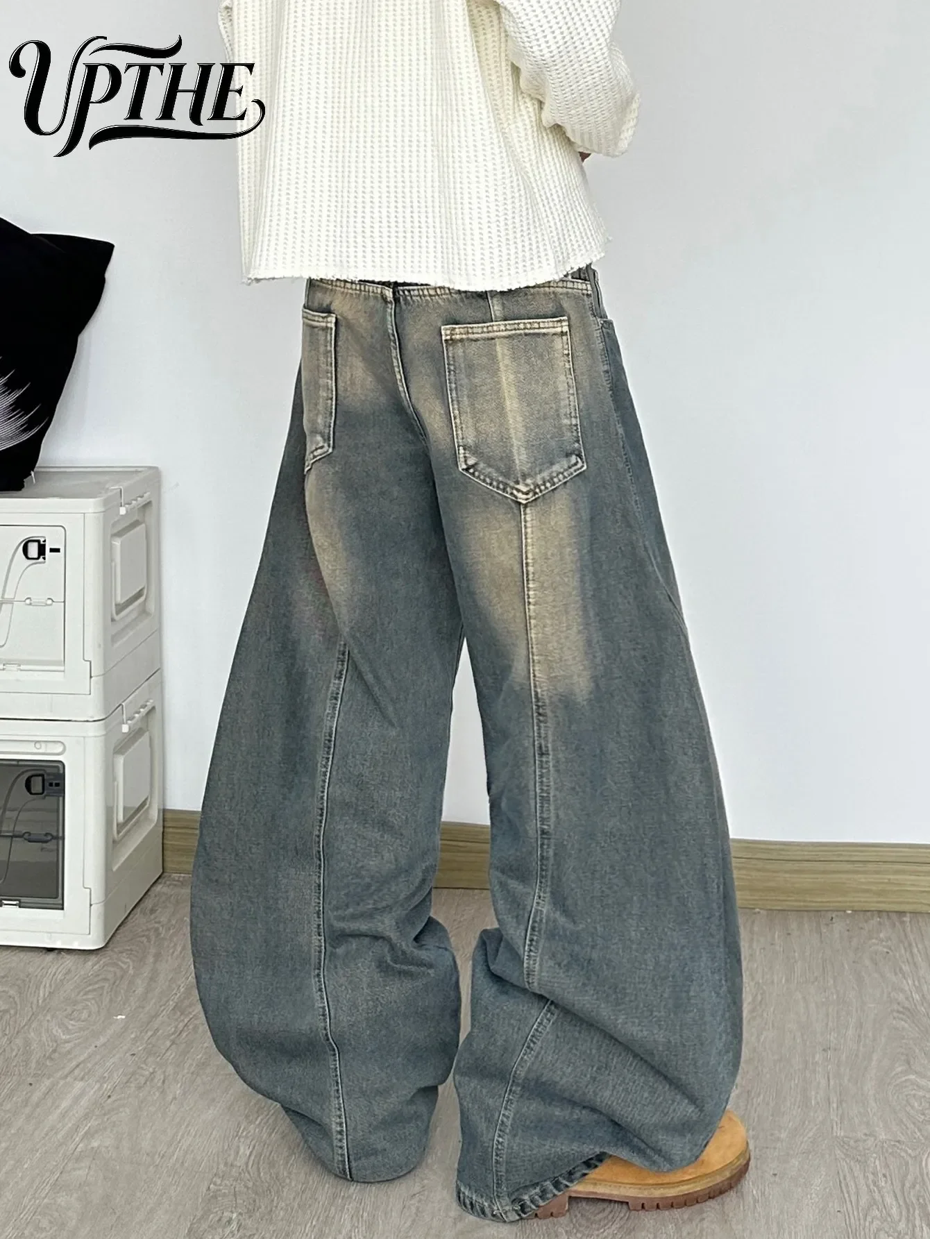 UP.THE Men Vintage Washed Baggy Wide Leg Jeans, Y2K Hip Hop High Street Loose Oversized Denim Pants, Patchwork Seam Streetwear Trousers for Street Activities
