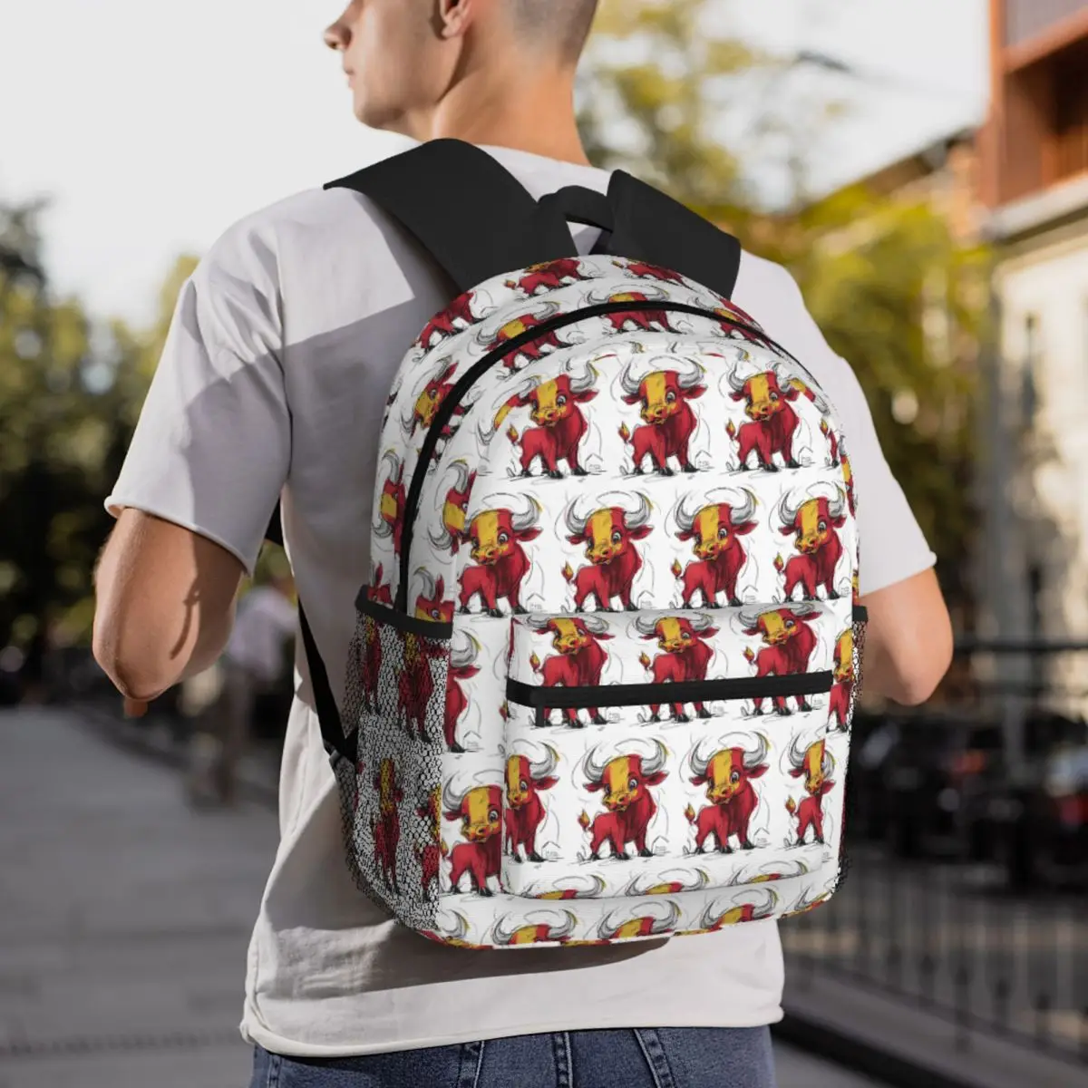 

Spain Flag Cartoon Bull With National Colors Backpack Daypack Large Capacity Kids BookBag School Bag Shoulder Bags for Men Women