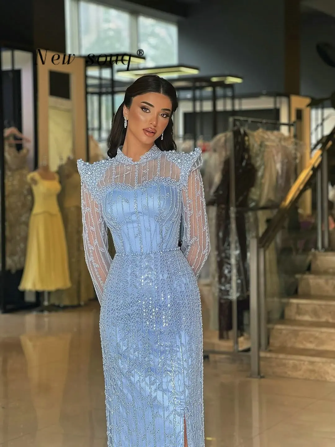 Robes de soirée bleu clair arabe élégant à manches longues perles robes de soirée perlées personnalisé formel dîner de mariage robes de bal