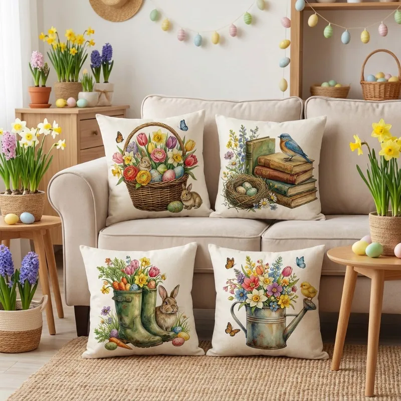 

45x45cm Bunny Easter Eggs Carrots Decorative Throw Pillow Covers for Sofa Couch Bed Home Garden Spring Easter Decor Set of 4