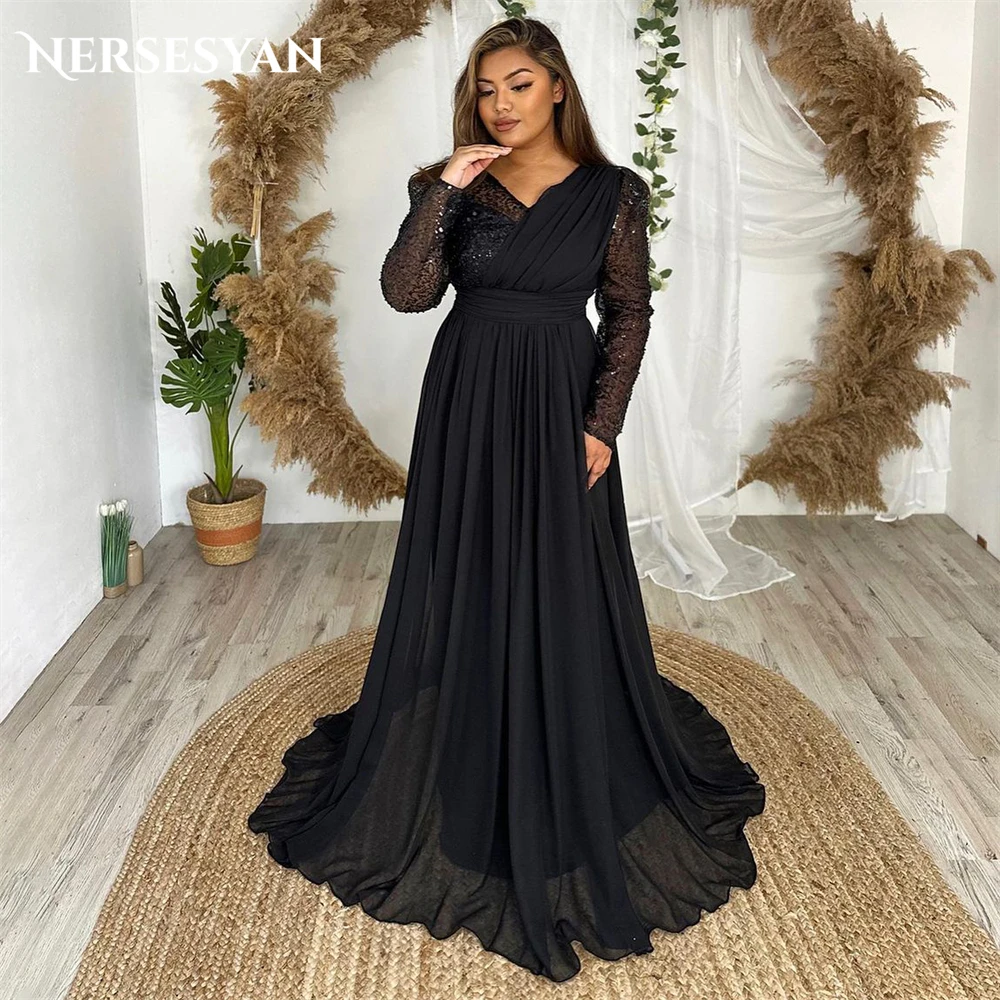 

Nersesyan Black Glitter Formal Evening Dresses V-Neck A-Line Pleats Shiny Prom Dress For Wedding Pageant Sparkly Party Gowns