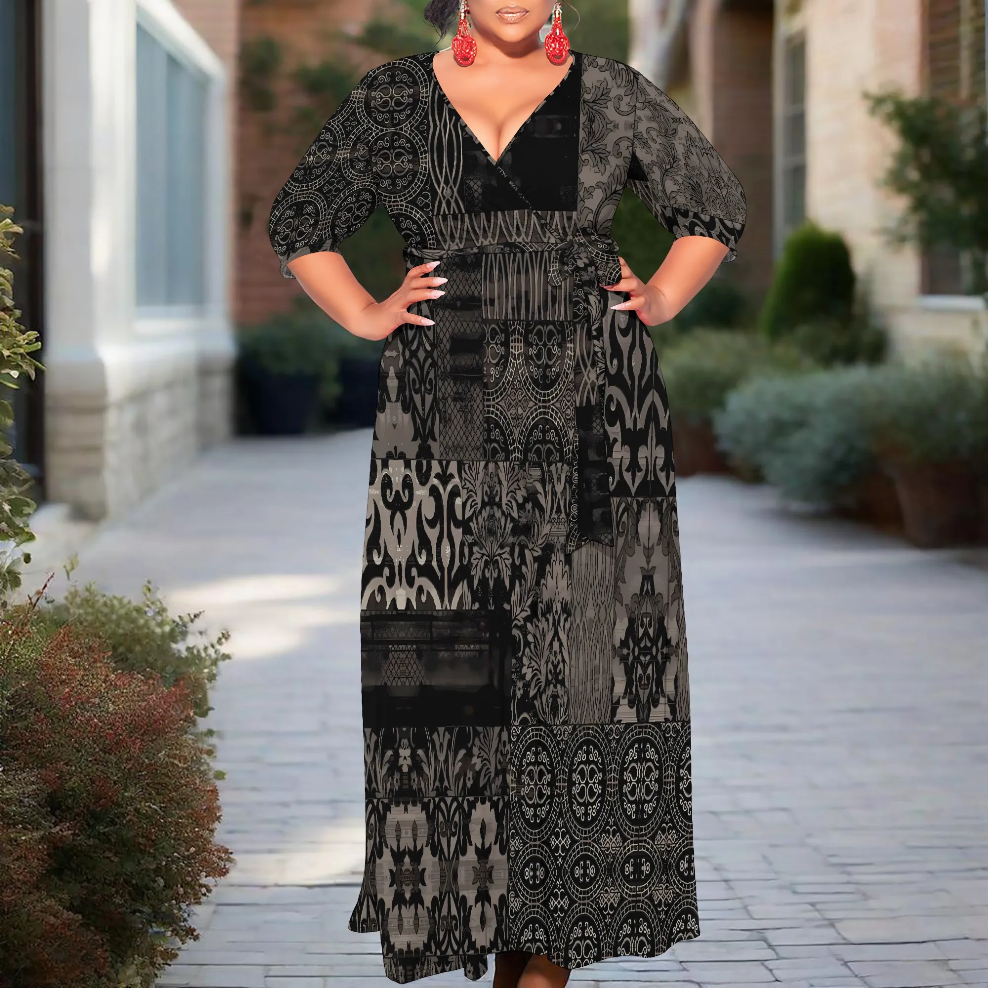 

Boho Ethnic Print Wrap Maxi Dress for Women - Long Sleeve Black Patchwork Style