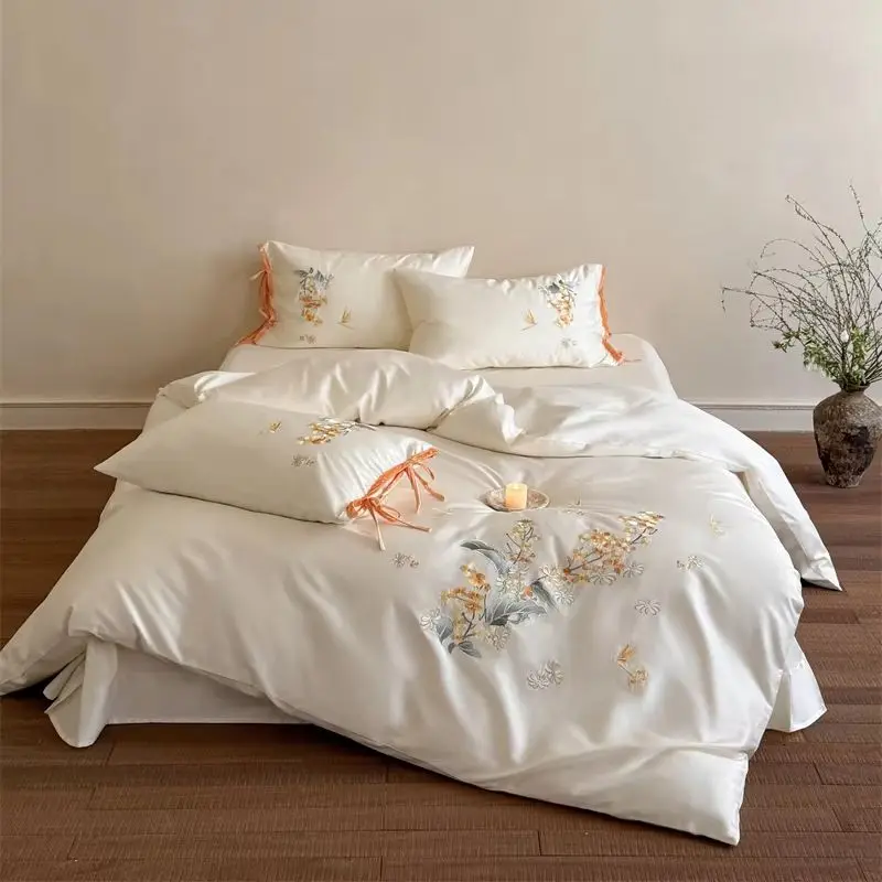Luxury 100% Egyptian Cotton 4Pcs Bedding Set Osmanthus Floral Embroidery Duvet Cover Set Bed Sheet/Fitted Sheet Pillowcases