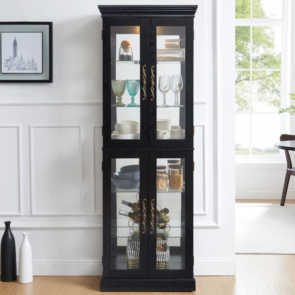 

Elegant Lighted Glass Curio Cabinet: Wooden Frame-Living/Kitchen/Pantry-Includes Bulb-For Wine/Toys/Collectibles-Black
