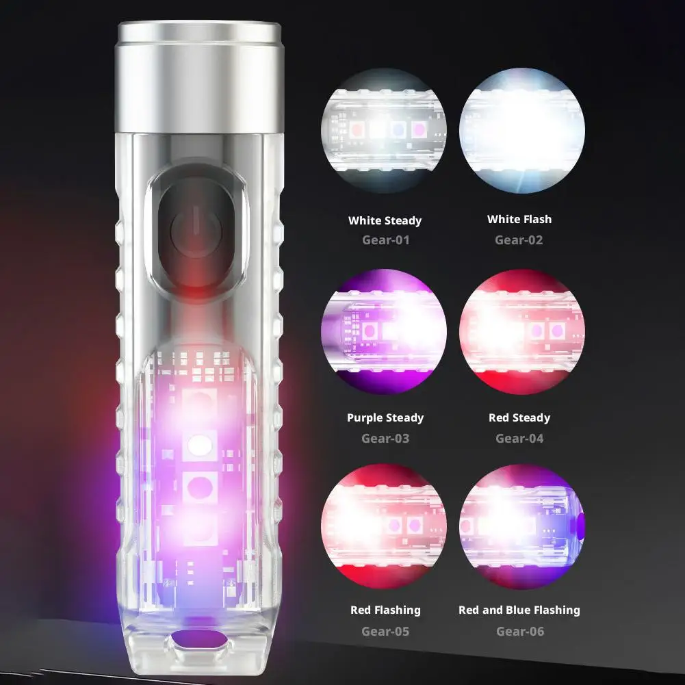 Mini EDC Keychain Flashlight 10 Modes Multi Color Side Light Red Blue UV Light Type C Rechargeable Magnetic Tail Waterproof