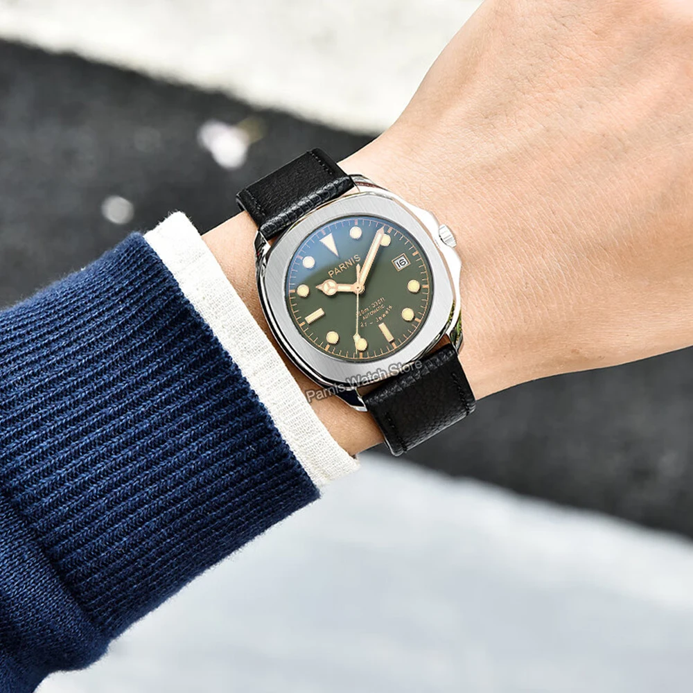 Parnis 39mm Geen Dial Mens นาฬิกาข้อมือคริสตัลแซฟไฟร์สแตนเลสสตีลนาฬิกาอัตโนมัติพร้อมสายหนัง