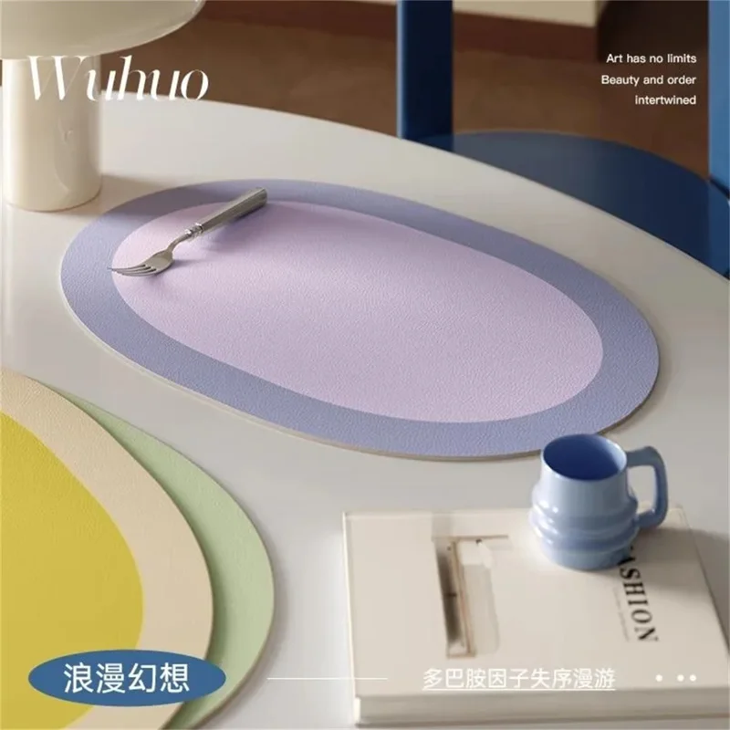 PU Placemats For Table Waterproof Non-Slip Insulation Leather Place Mats Set Style Christmas Coaster Cup Mat Elliptical Bicolor - Image 3