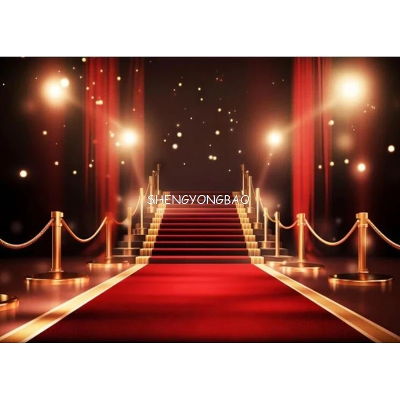 

Red Stage With Red Carpet Photography Backdrop Award Ceremony Party Grad Prom Decoration Photo Studio Background Photocall JU-02