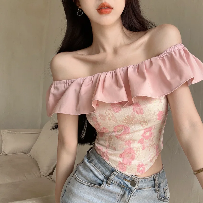 Hikigawa Chic Fashion Women Sexy Slash Neck camicie senza maniche estate irregolare Ruffle Slim Sweet Y2k Crop top Ropa Mujer