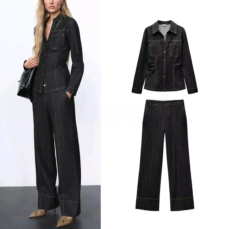 

Za Slim Fit Long Sve irt with Notch Lapel And Denim Casual Long Pants Faionable Two-Piece Set for Women Spring 2025