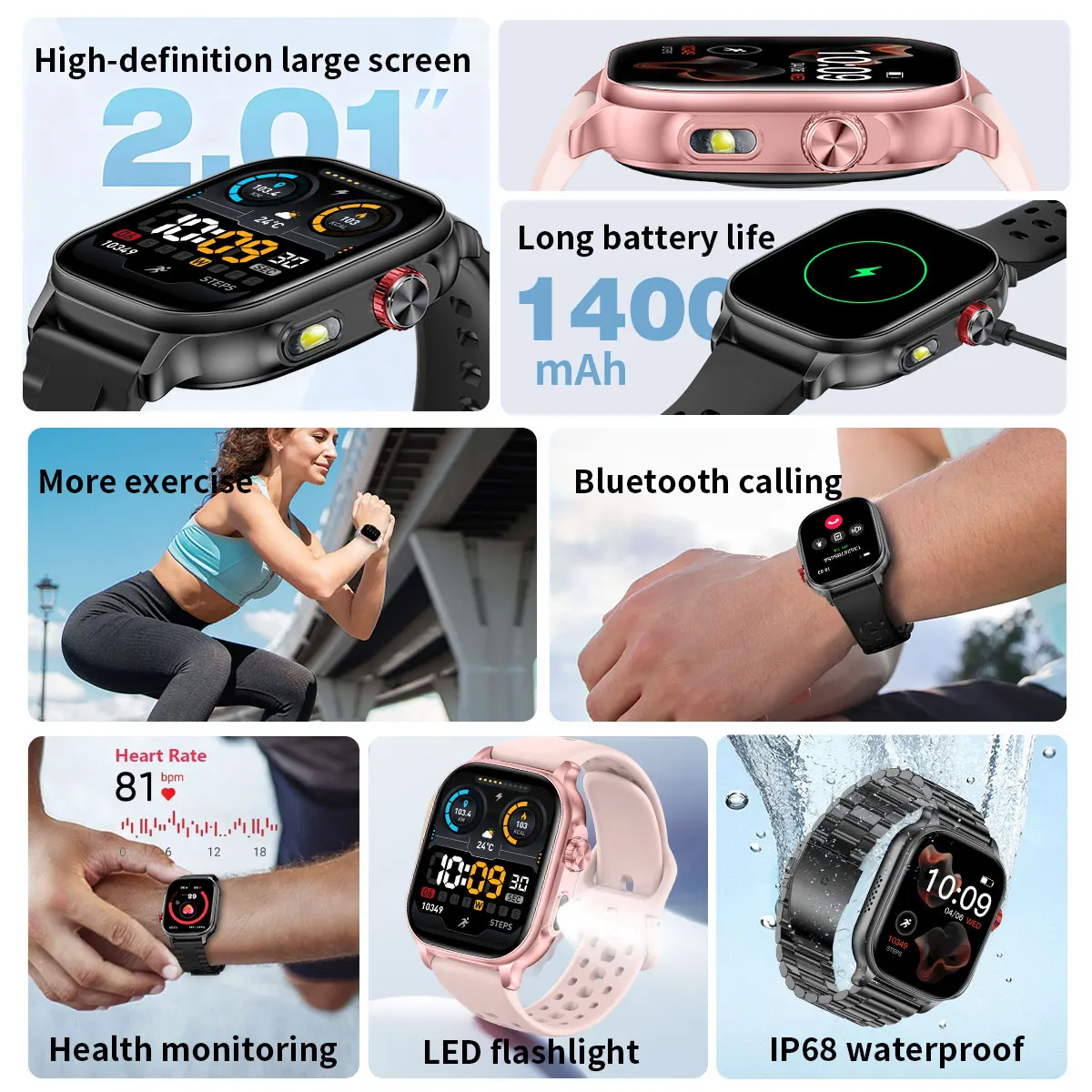 2026 Neue Smartwatch mit 1400mAh Akku, LED-Taschenlampe, 5ATM Wasserdicht, Herzfrequenzmessung, Sprachanruf, 100+ Sportmodi, für Männer und Frauen – Detail 2