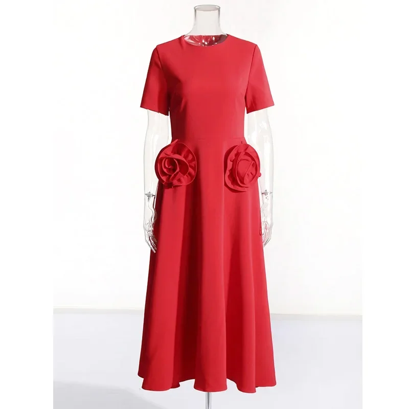 

Doris Fanny Appliques A Line Midi Dress For Women Round Neck Short Sleeve High Waist Elegant Dresses Female Fashion 2024
