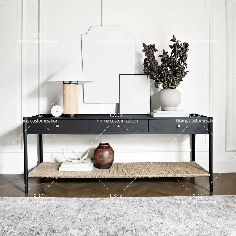 American Retro Solid Wood Porch Table Black Locker Wall Rack Sofa Back Table Foyer Decorative Cabinet