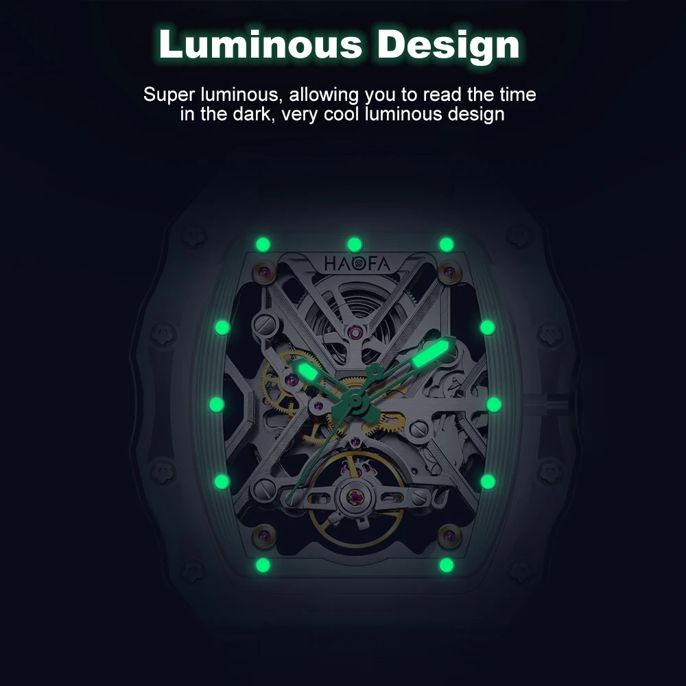 Haofa Transparent Crystal Mechanical Watches for Men Luxury Skeleton Waterproof Luminous Mens Automatic Watch 2202