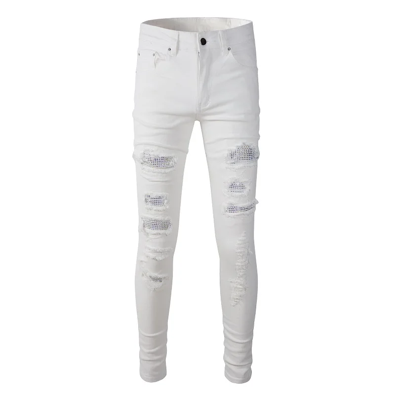 

White High Street Holes Transparent Crystals Patchwork Stretch Slim Fit Rhinestones Patches Distressed Ripped Jeans Men