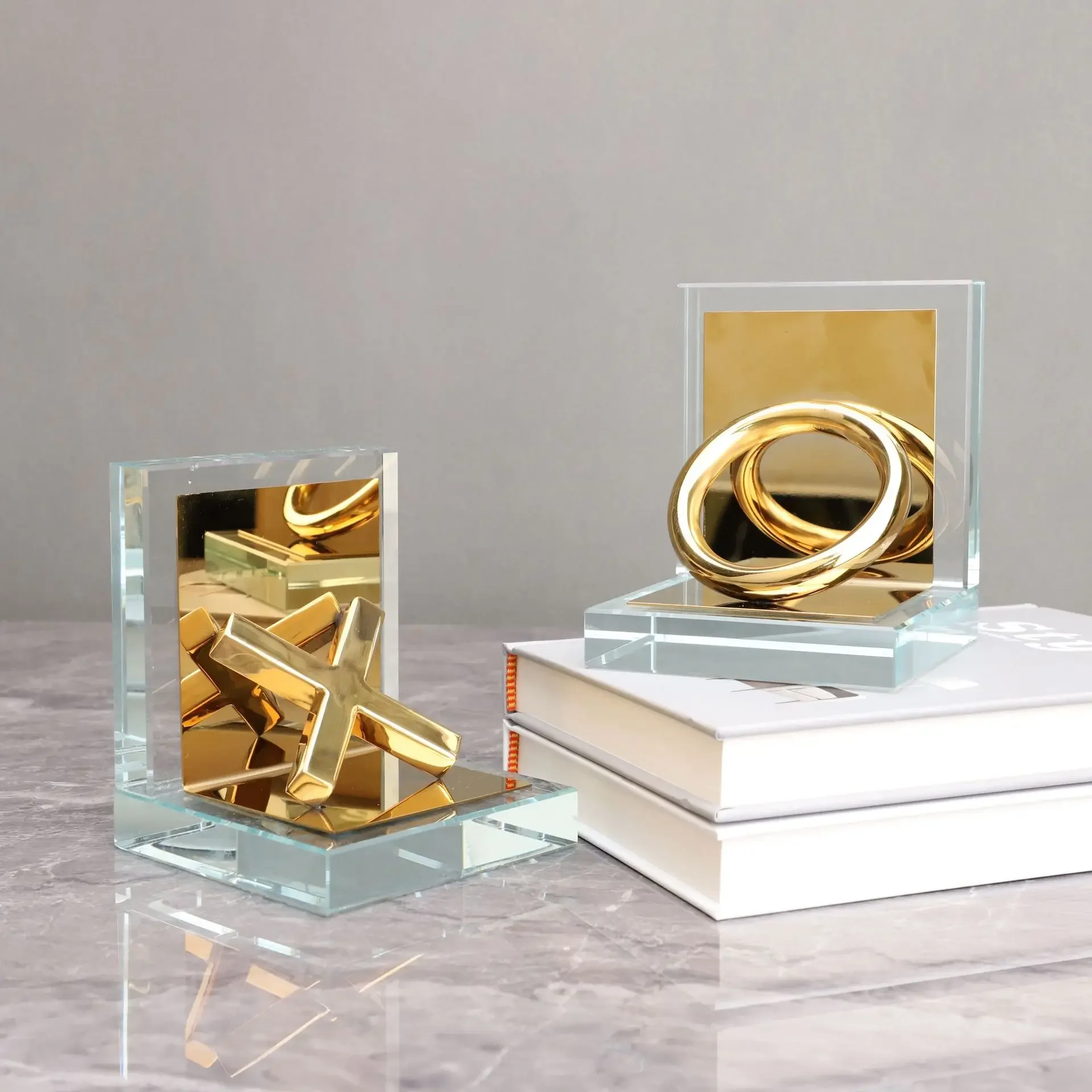 Nordic crystal metal XO bookend book stand ornament model room office TV cabinet study living room home decoration
