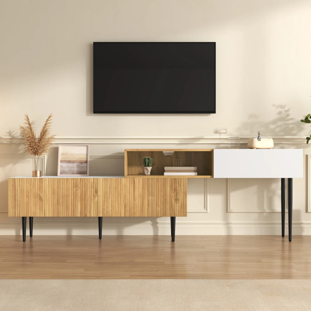 Moderner TV-Schrank mit verstellbarer Länge, Holzoptik + weiß matt, schwarze Metallbeine, multifunktionale Wohnzimmermöbel – Detail 12