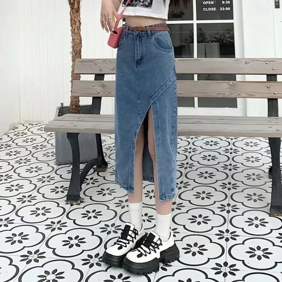 

【HOT】American irregular split denim skirt for women's autumn design new style fat mm medium and long hip A-line skirt