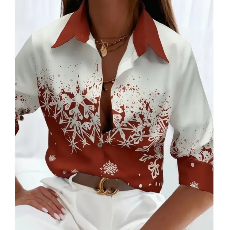 New high-end women\'s long sleeved shirt button Christmas snowflake printed collar elegant shirt for women in spring and autumn