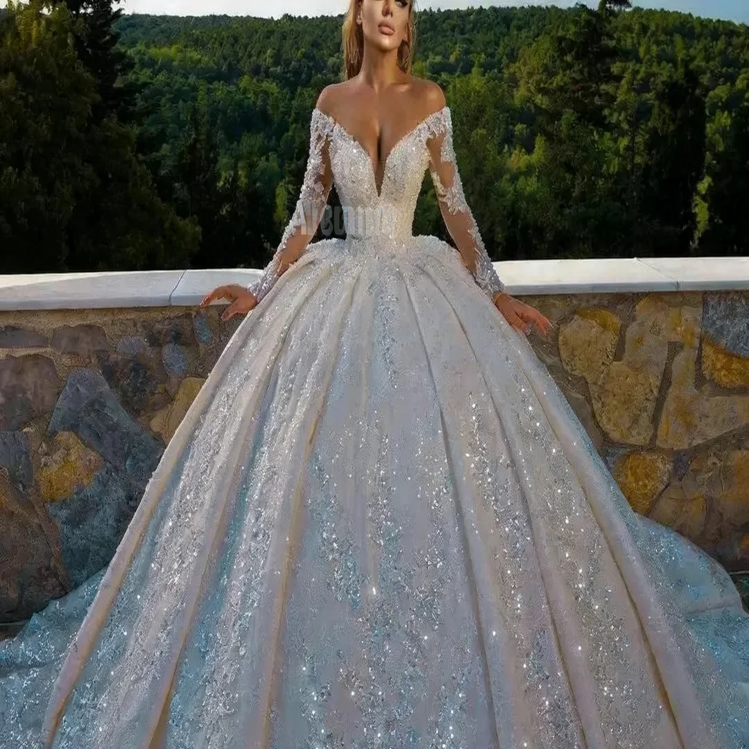 Customized Elegant Off The Shoulder V-Neck Wedding Dresses Long Sleeve Applique Sequins Lace Formal Bride Porm Party Gowns