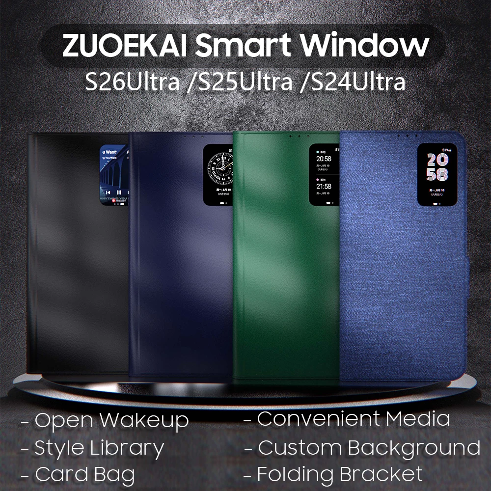ZUOEKAI Smart View Wallet Flip Case For Samsung Galaxy S26 Ultra S25 S24 S23 S22 S26Ultra S-View Flip High Quality Leather Cover