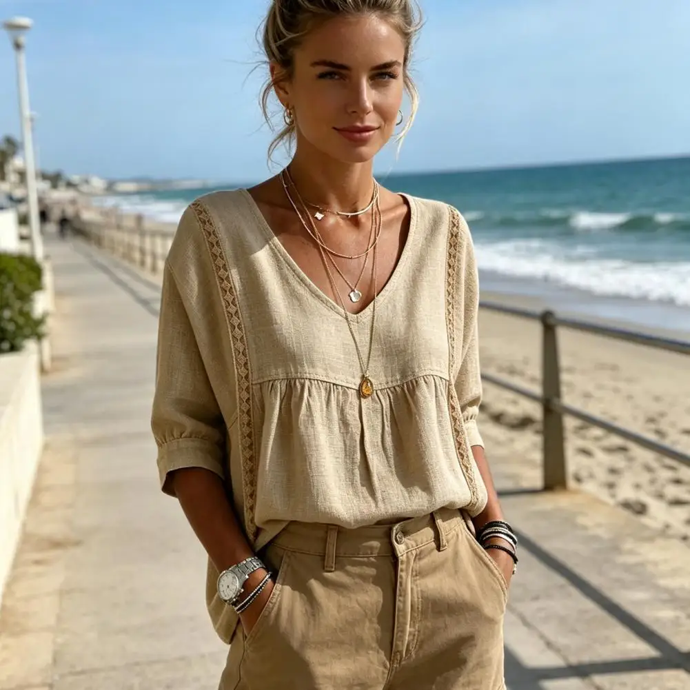 

2026 Women Lace Splicing Blouse V Neck 3/4 Sleeves Pure Color Lace Design Tee Shirt Loose Fit Versatile Summer Shirt Daily Wear