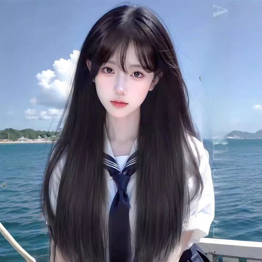 

Full head synthetic wig for women, long hair, summer thin style, straight bangs, gentle black straight hair,realistic human hair