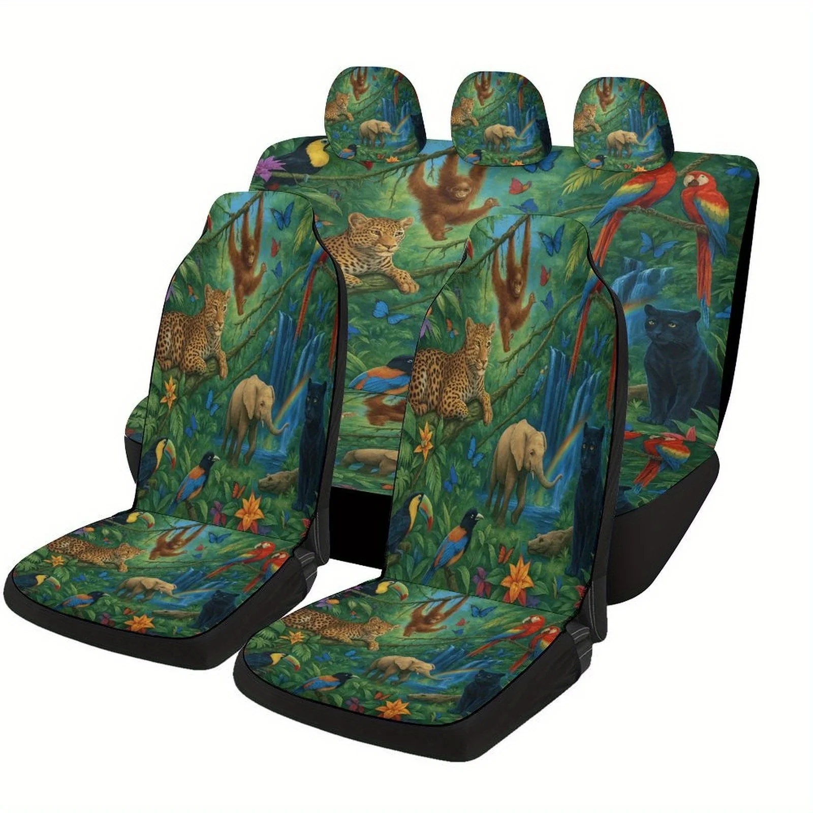 Car Seat Cover Set Featuring A Jungle Wildlife Theme, Suitable For Various Vehicles. This Trendy And Unique Set Includes Full Fo